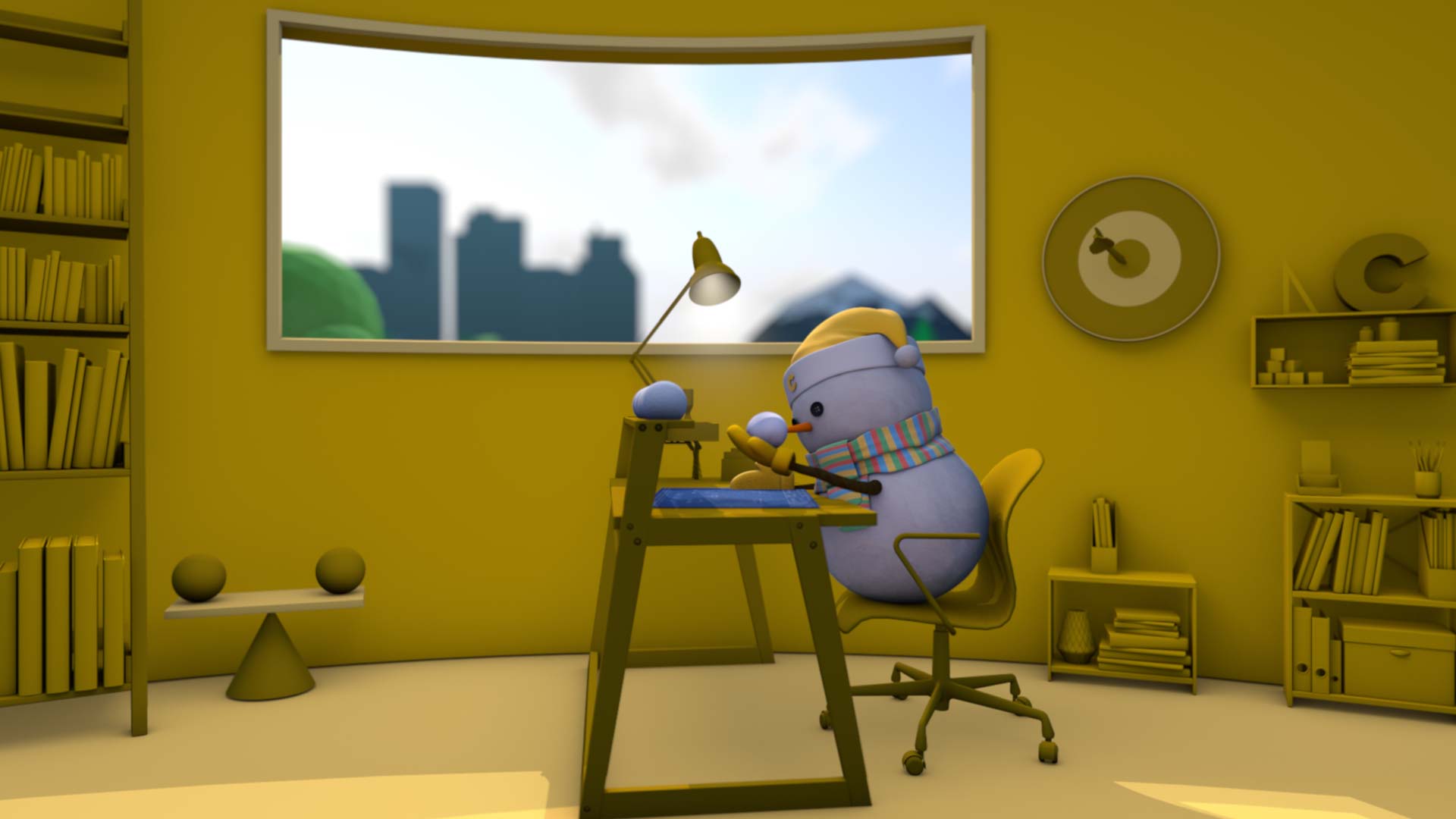 The C snowman in a yellow hat working at a drafting desk in a tidy yellow study with a balance scale on the shelf.