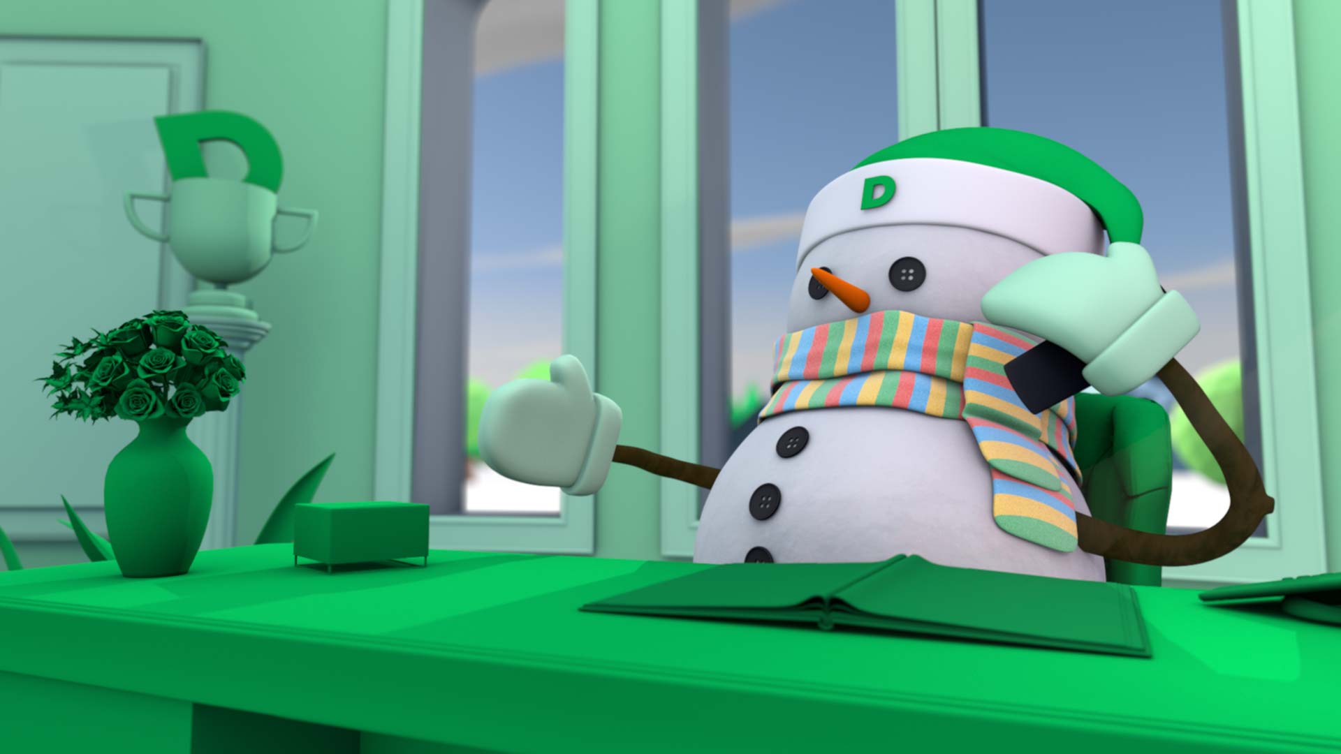The D snowman in a green hat, on the phone at a green desk beside a D-shaped trophy.