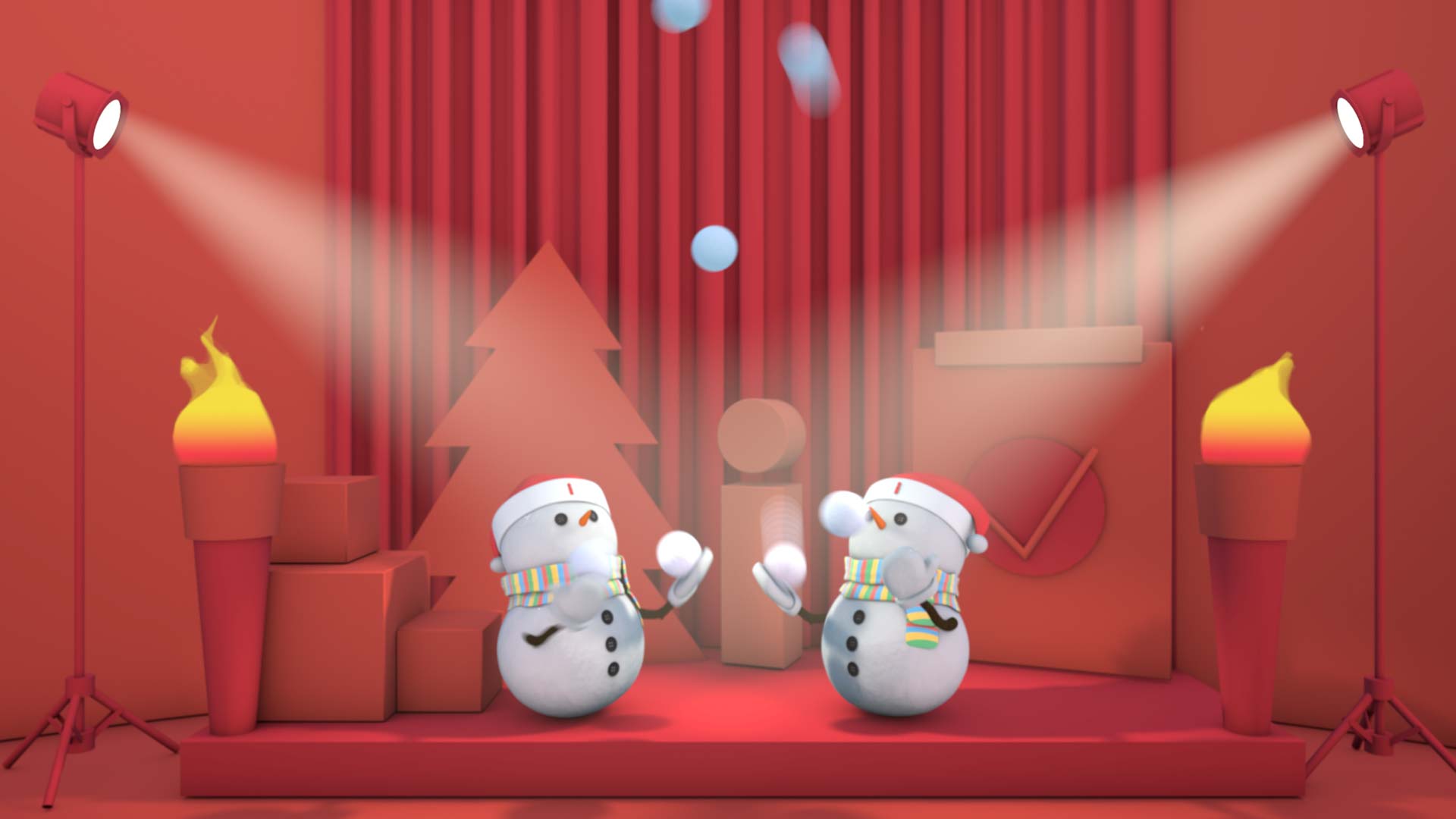 Two i snowmen in red hats juggling snowballs together on a red stage under spotlights.