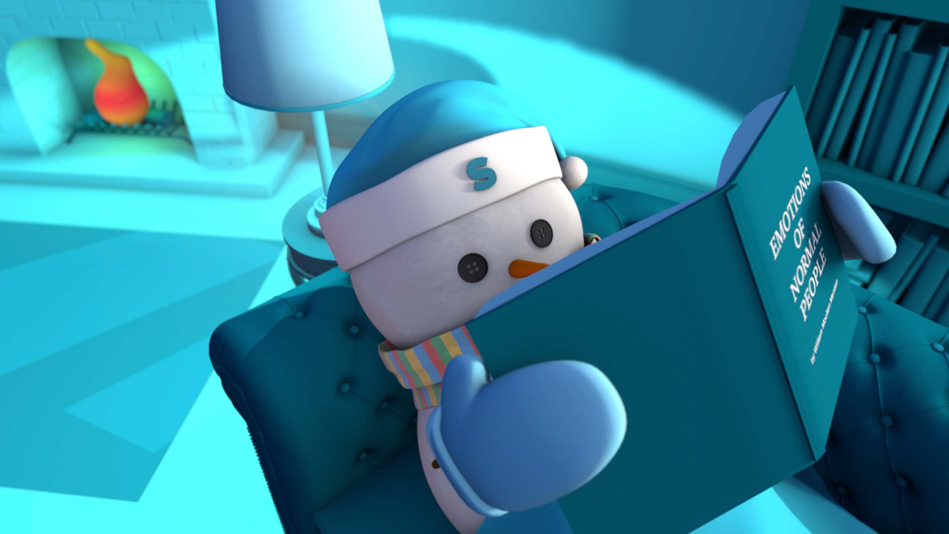 The S snowman in a blue hat reading Emotions of Normal People in an armchair by the fire.