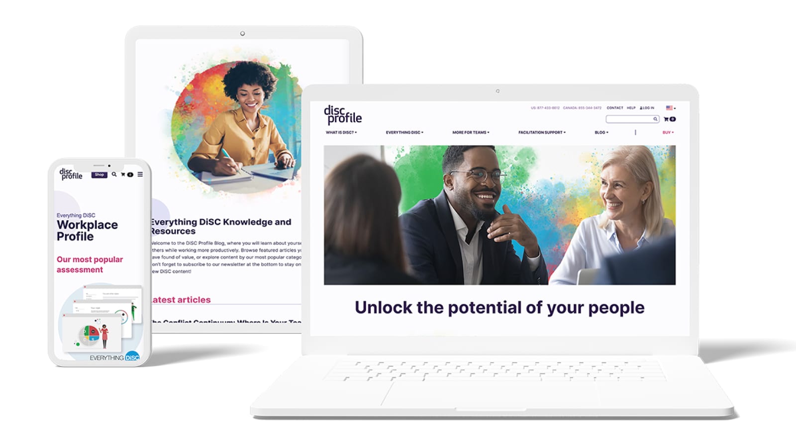 The combined DiSCProfile.com on laptop, tablet, and phone: the homepage with watercolor-framed photography, the blog hub, and a product page