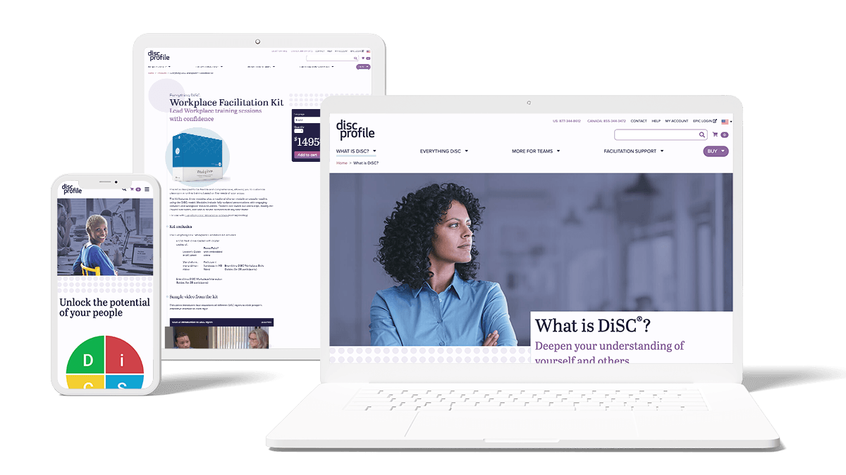 The redesigned DiSCProfile.com store on laptop, tablet, and phone, including the What is DiSC page and a product page