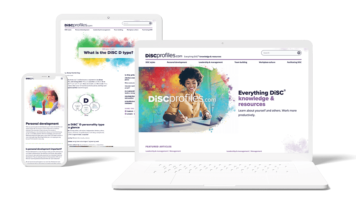 The DiSCProfiles.com educational site on laptop, tablet, and phone, with watercolor-framed photography and article pages