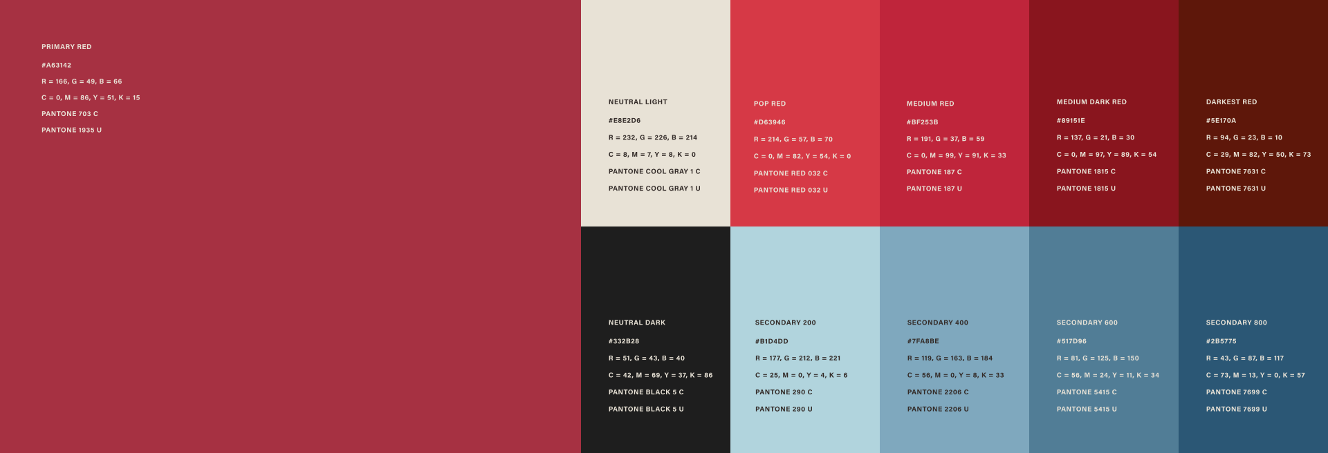 Loeffler color system: primary red with pop, medium, and dark reds, warm neutrals, and four slate blue secondaries