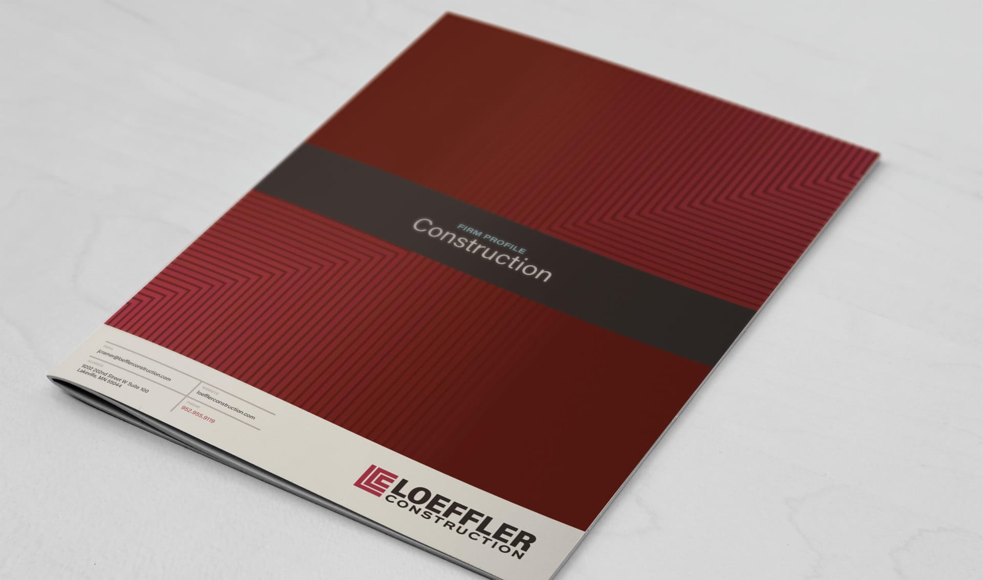 Loeffler firm profile cover with the cornerstone chevron pattern in deep red