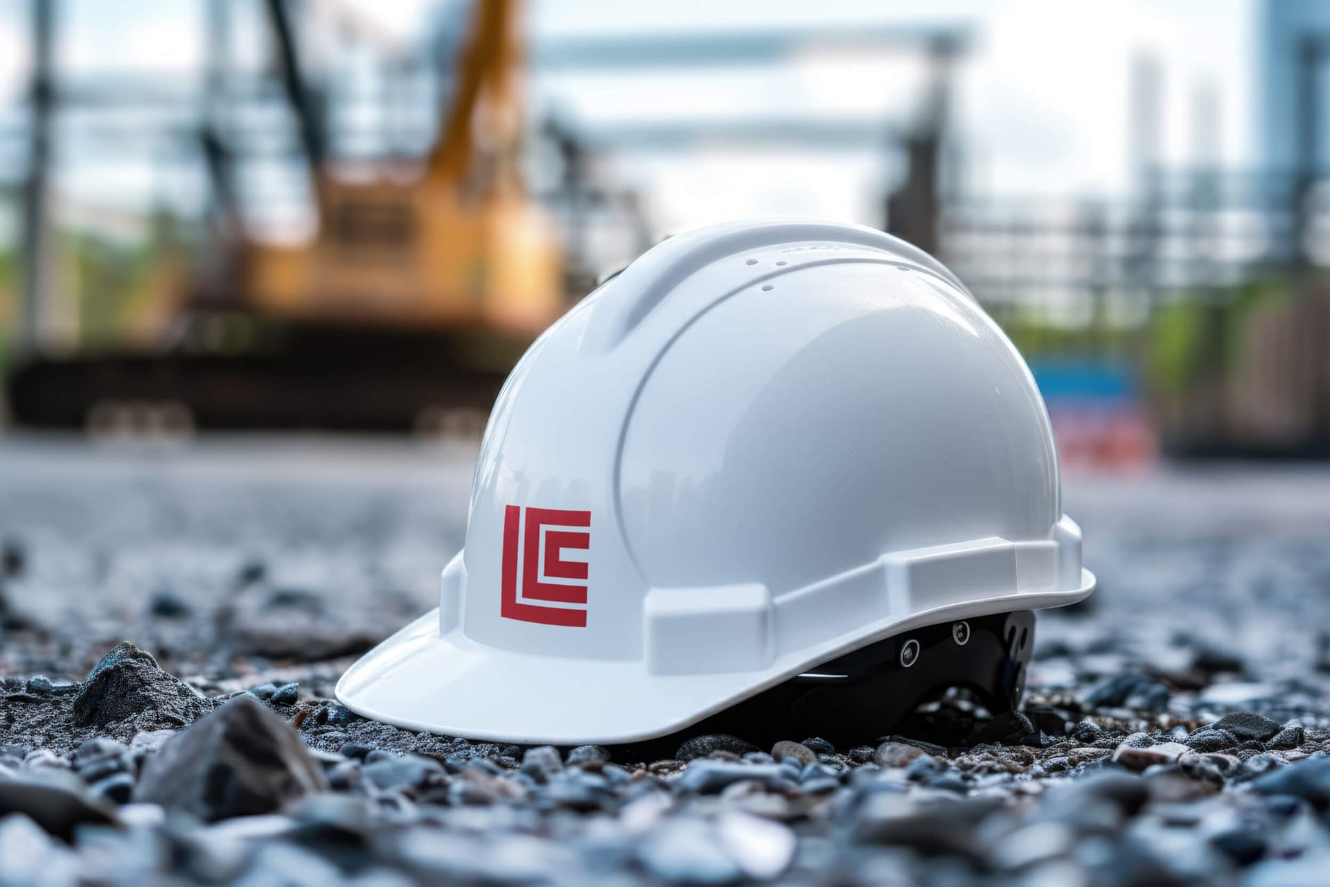 White hard hat on gravel at a job site with the refreshed red Loeffler Construction cornerstone mark on the side.