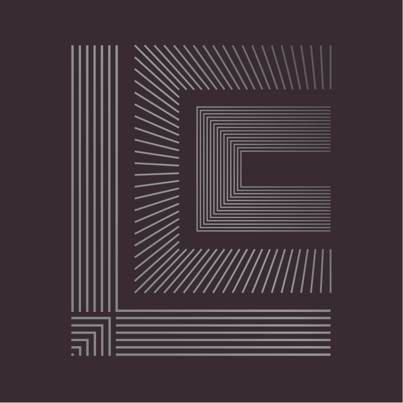 The LCC mark redrawn as fine radiating and nested lines in silver on charcoal