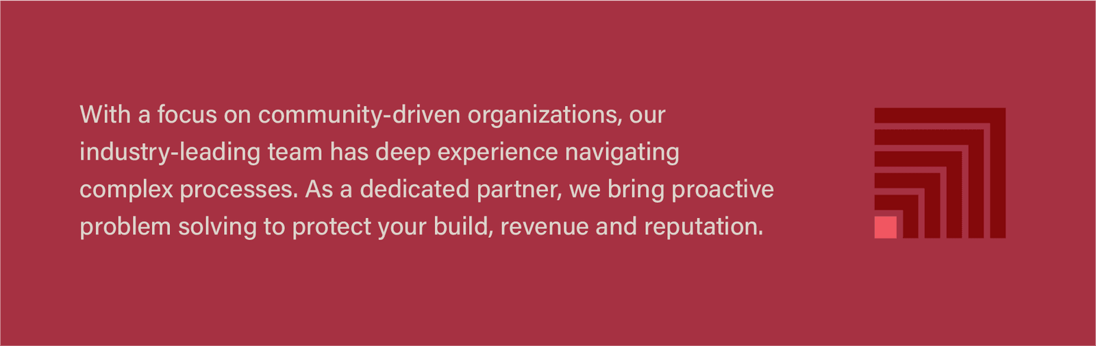 Mission statement block from the website: copy about community-driven organizations and proactive problem solving, set in cream on red beside the cornerstone mark