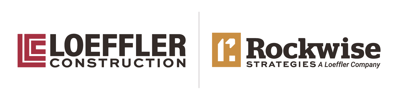 Loeffler Construction and Rockwise Strategies logos side by side on a dark background: the LCC mark with the Loeffler wordmark, and the gold Rockwise mark with its Strategies, A Loeffler Company lockup