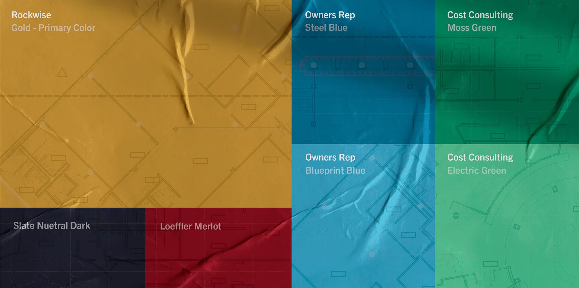 Rockwise color system: gold primary, slate and Loeffler merlot neutrals, two blues for owner's representation and two greens for cost consulting