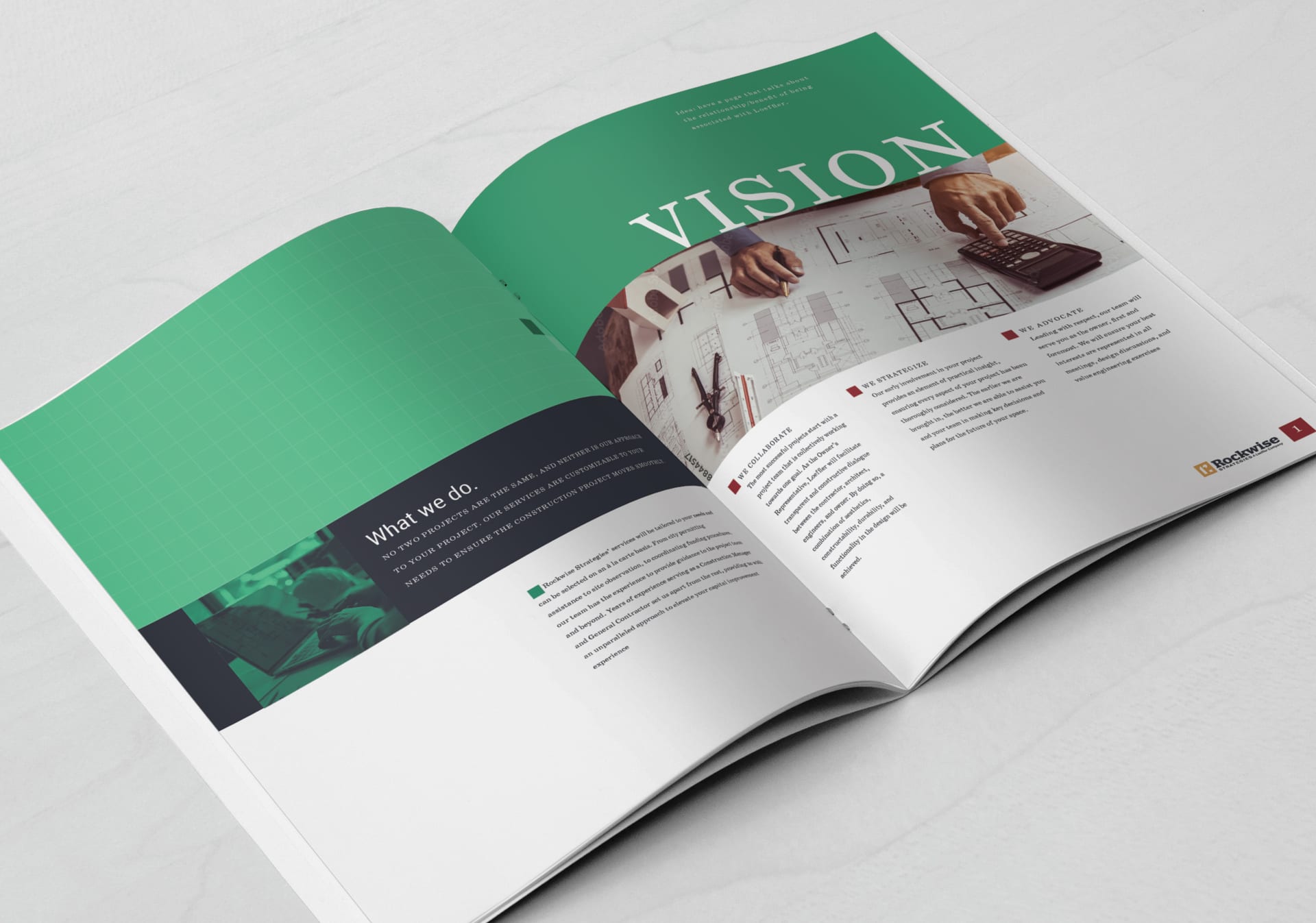 Cost consulting firm profile spread using the same layout in the green zone of the system
