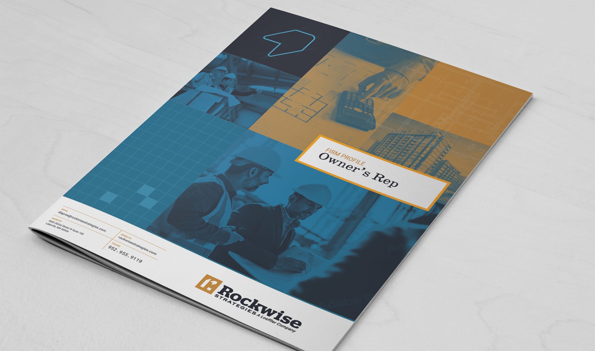 Owner's representation firm profile cover in the blue zone of the system, with duotone imagery and the Rockwise logo lockup