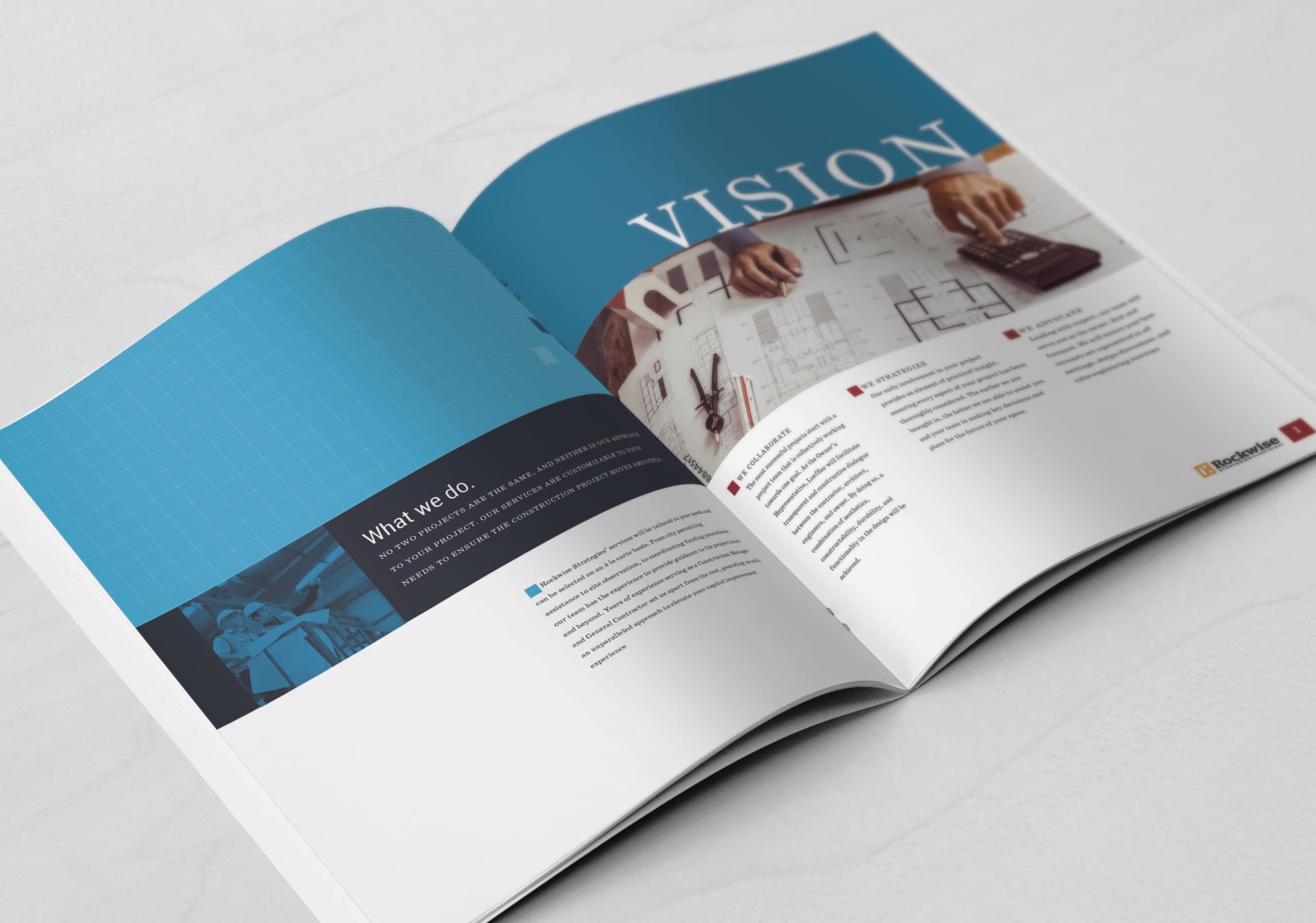 Owner's representation firm profile interior spread, blue grid pattern and a large serif Vision headline